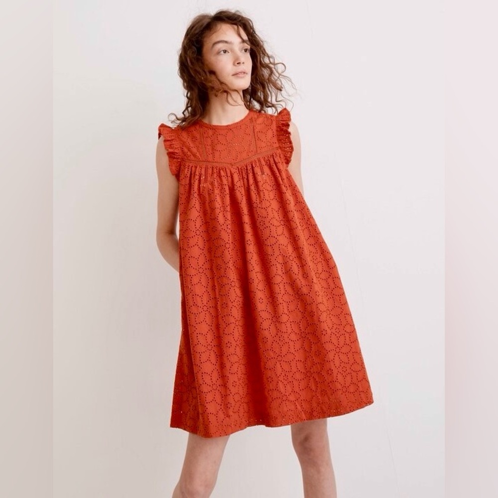 SOLD⚫️Madewell NWT Eyelet Ruffle-Sleeve Mini Dress Fresh Chili Large